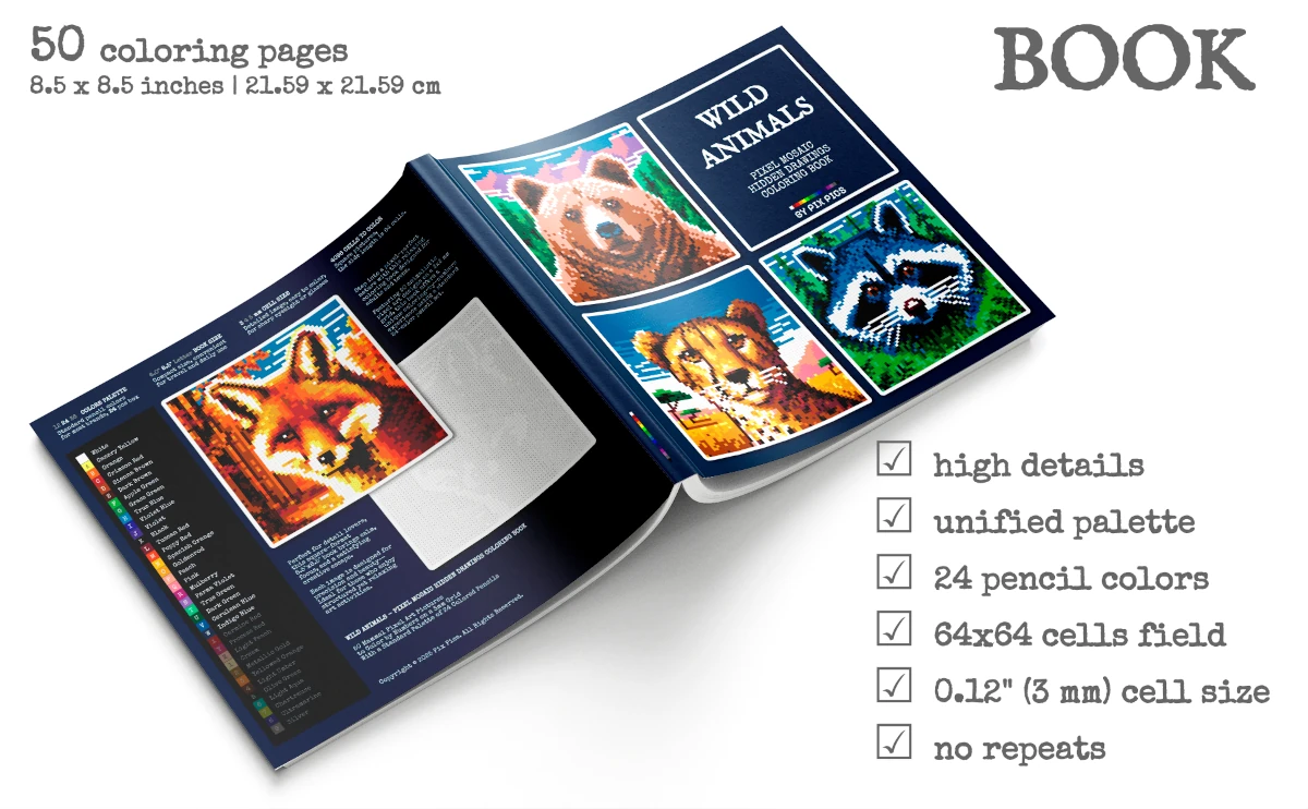 Wild Animals - Pixel Mosaic Hidden Drawings Coloring Book - Cover Image