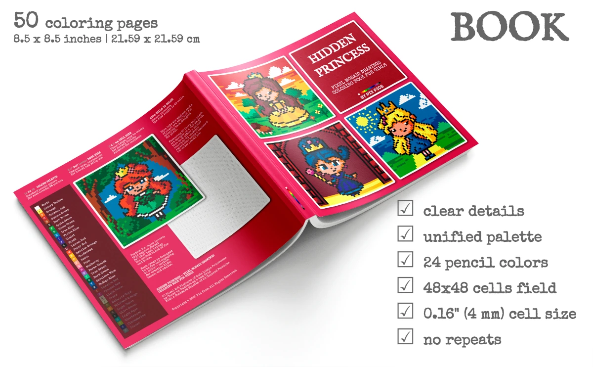 Hidden Princess - Pixel Mosaic Drawings Coloring Book For Girls - Book Cover Image