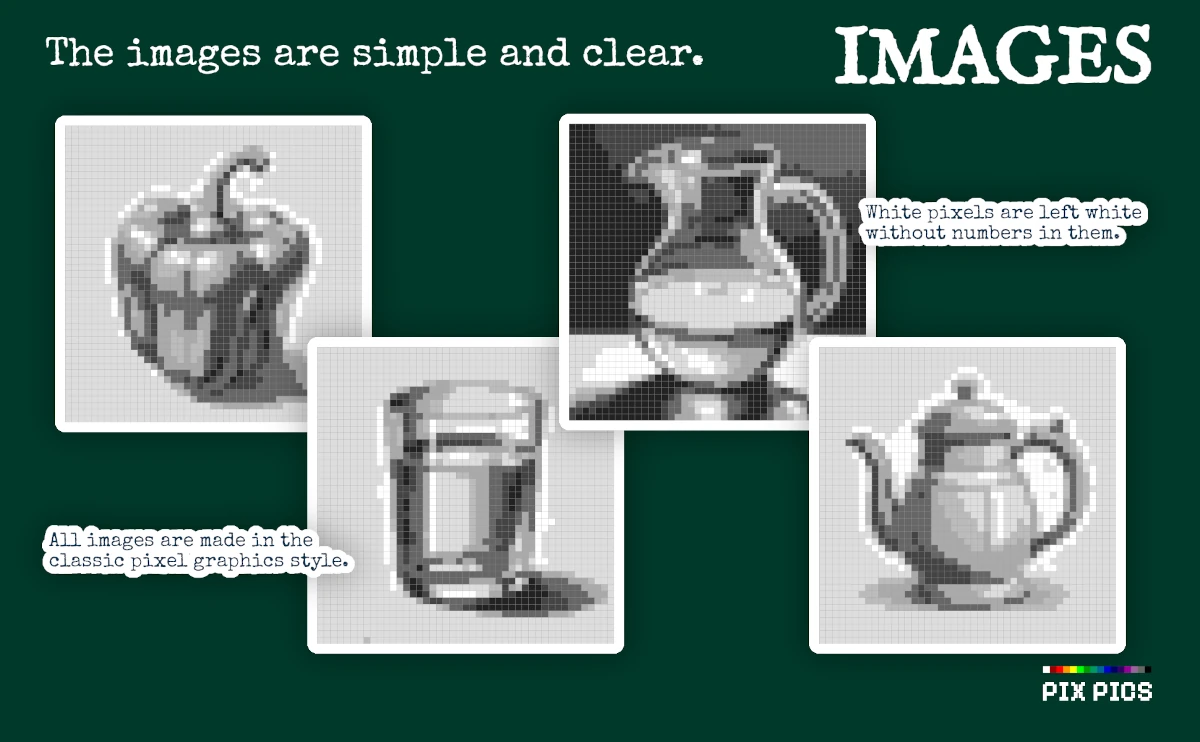 Still Life Objects - Grayscale Pixel Art Coloring Book - Book Images Description