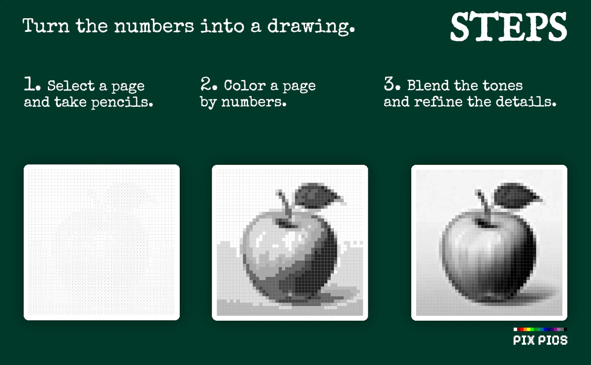 Still Life Objects - Grayscale Pixel Art Coloring Book - Coloring Steps Description