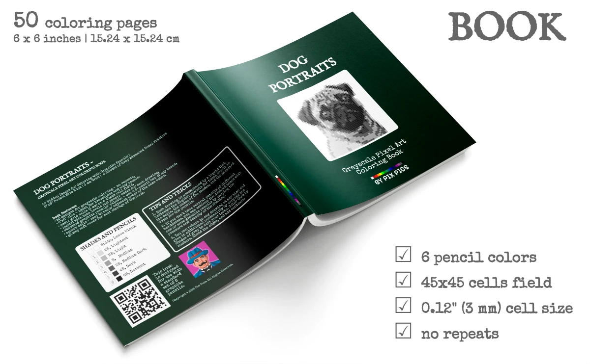 Dog Portraits - Grayscale Pixel Art Coloring Book - Book Cover Image