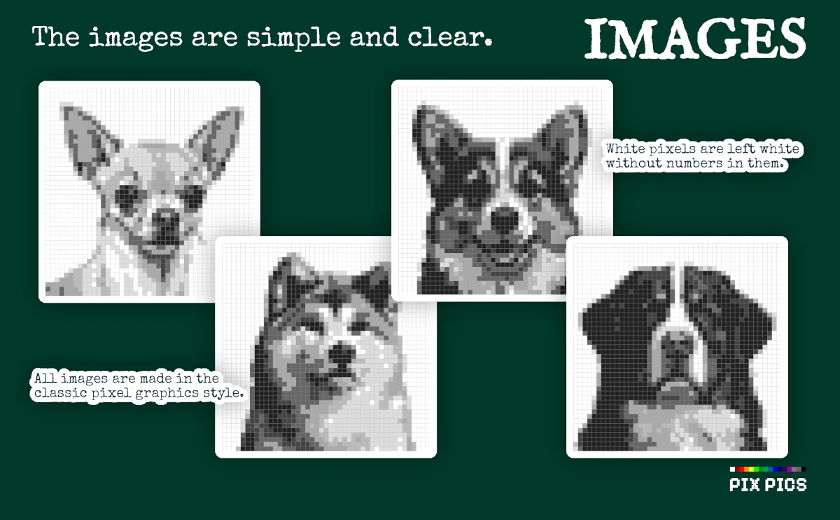 Dog Portraits - Grayscale Pixel Art Coloring Book - Book Images Description