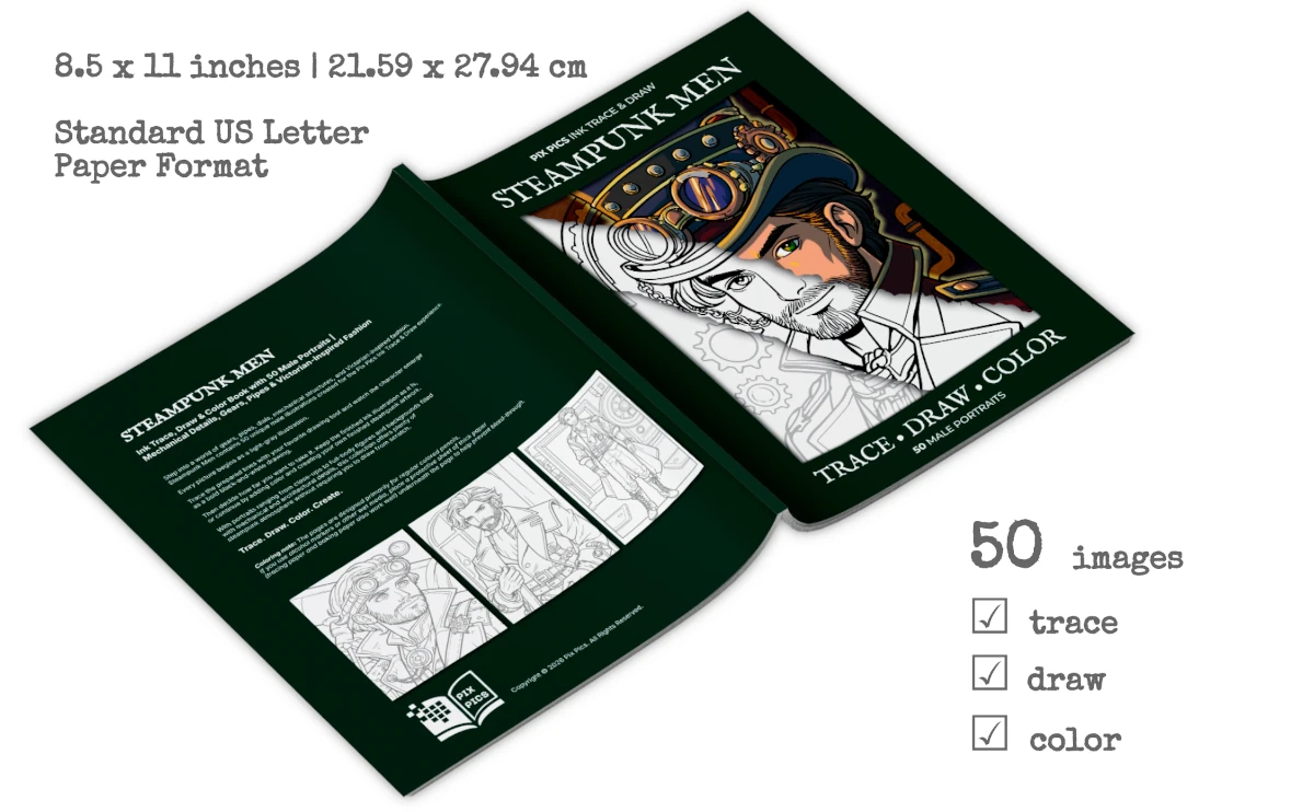 Steampunk Men: Ink Trace, Draw & Color Book - Book Cover Image