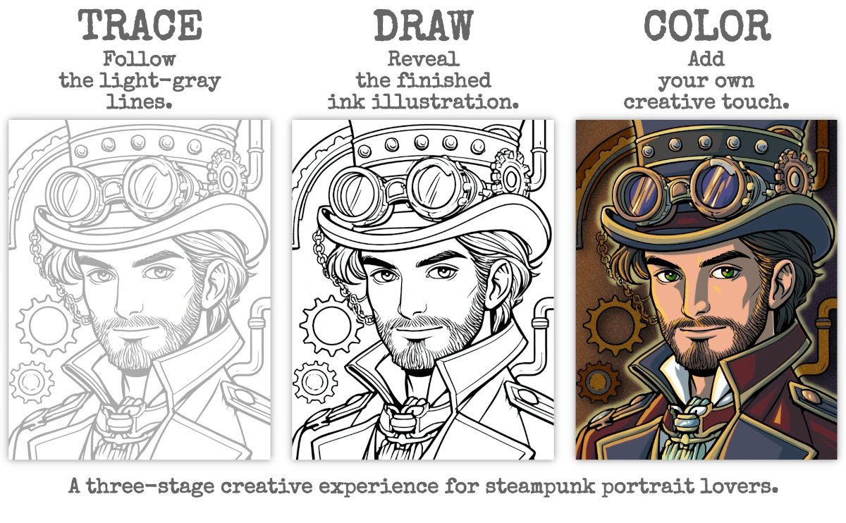 Steampunk Men: Ink Trace, Draw & Color Book - Tracing, Drawing, and Coloring Description & Example