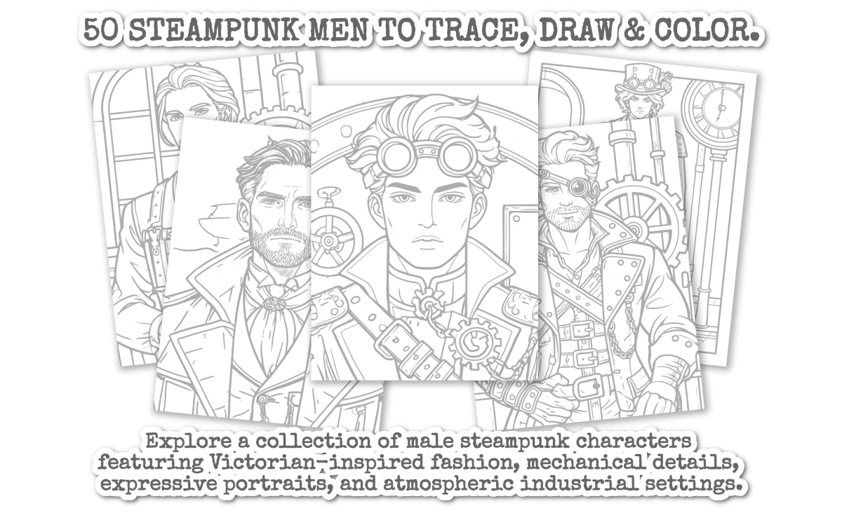 Steampunk Men: Ink Trace, Draw & Color Book - Book Images to Trace and Color, Some Examples