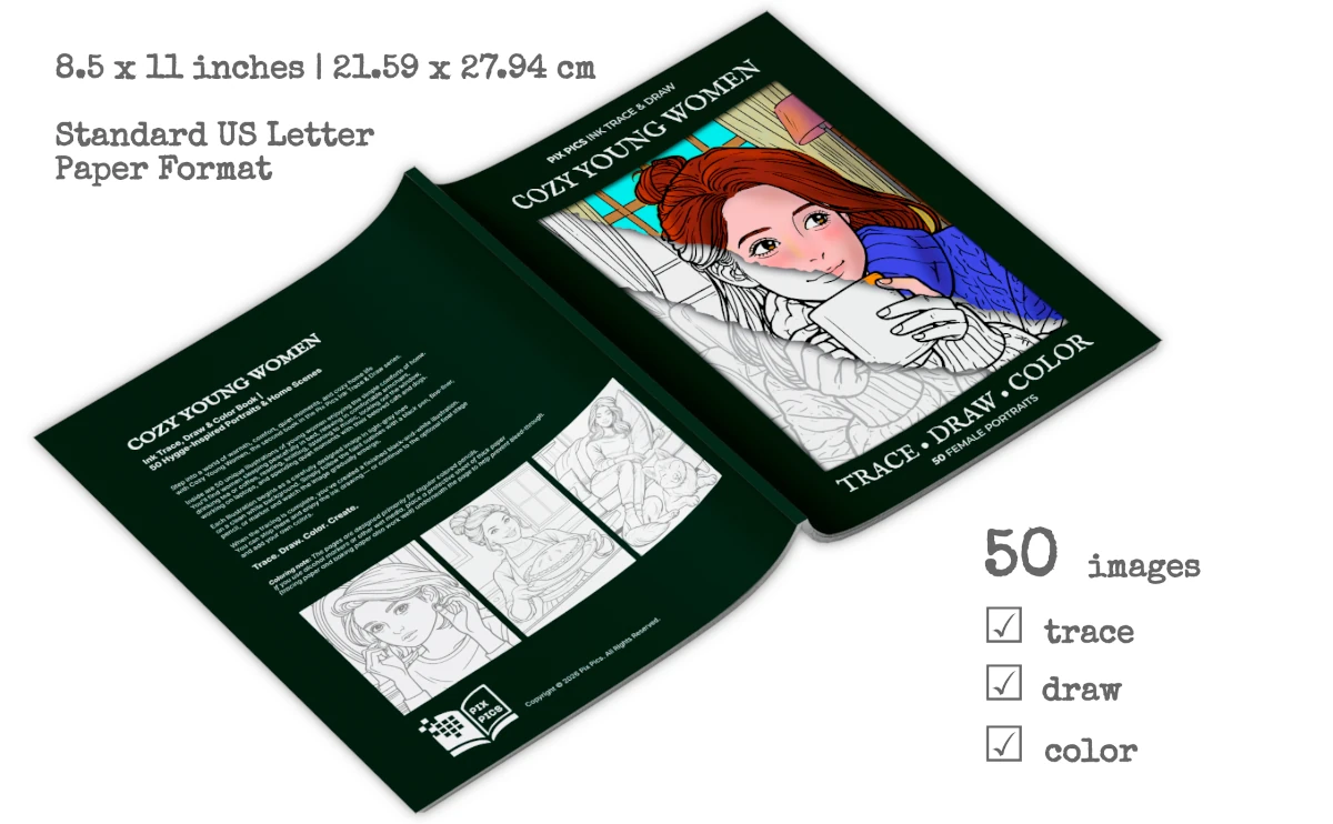 Cozy Young Women: Ink Trace, Draw & Color Book - Book Cover Image