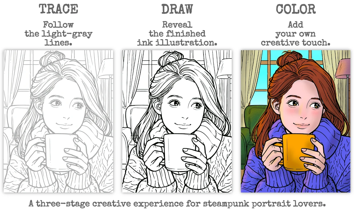 Cozy Young Women: Ink Trace, Draw & Color Book - Tracing, Drawing, and Coloring Description & Example