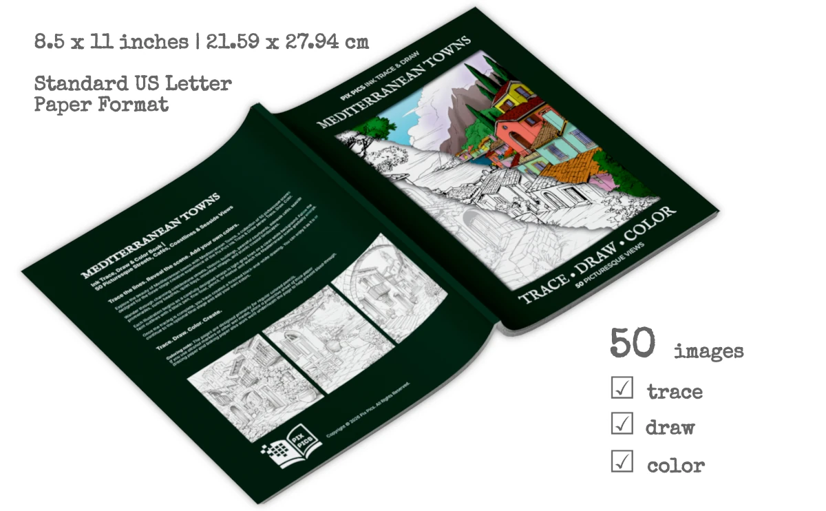 Mediterranean Towns:
Ink Trace, Draw & Color Book - Book Cover Image